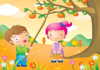 Fototapeta premium boy plucking tomato with stick