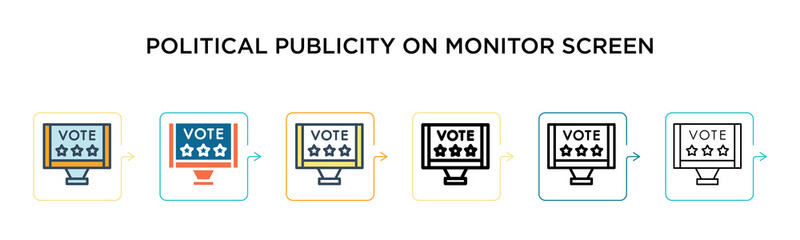 Political publicity on monitor screen vector icon in 6 different modern styles. Black, two colored political publicity on monitor screen icons designed in filled, outline, line and stroke style.