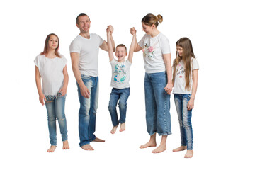 Obraz premium family mom, dad, daughter and son, in casual clothing