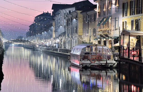canal in Milan at dusk, italy