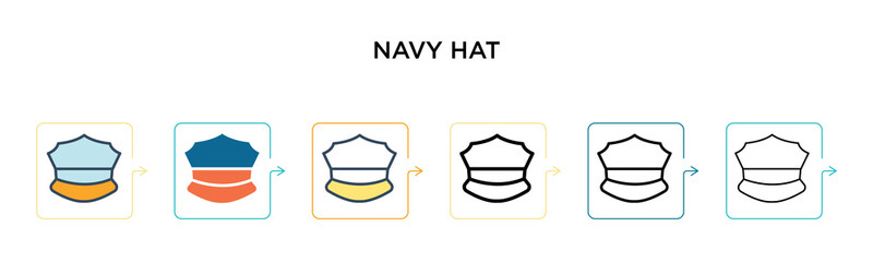 Navy hat vector icon in 6 different modern styles. Black, two colored navy hat icons designed in filled, outline, line and stroke style. Vector illustration can be used for web, mobile, ui