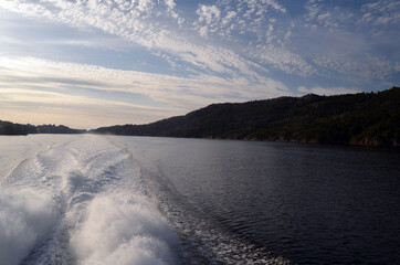 Tourism vacation and travel. On the board of Flam - Bergen ferry. Sognefjord, Norway, Scandinavia.