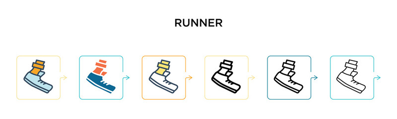 Runner vector icon in 6 different modern styles. Black, two colored runner icons designed in filled, outline, line and stroke style. Vector illustration can be used for web, mobile, ui
