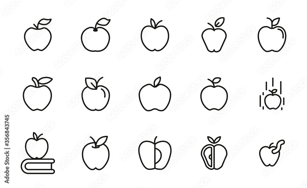 Wall mural set of apple related vector line icons.