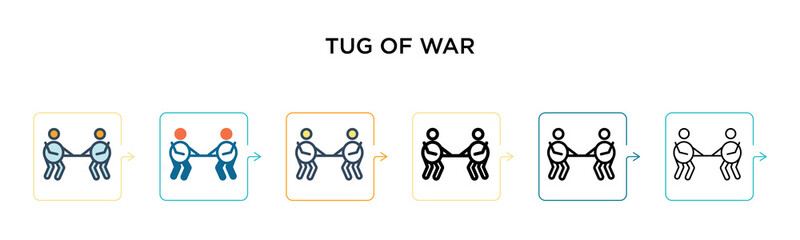 Tug of war vector icon in 6 different modern styles. Black, two colored tug of war icons designed in filled, outline, line and stroke style. Vector illustration can be used for web, mobile, ui