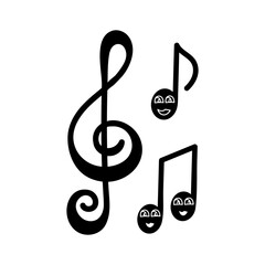 Music concert festival. Kawaii music note and treble sign. Hand drawn Doodle vector set