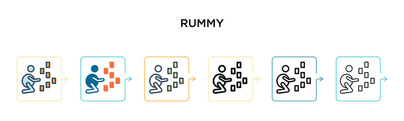 Rummy vector icon in 6 different modern styles. Black, two colored rummy icons designed in filled, outline, line and stroke style. Vector illustration can be used for web, mobile, ui