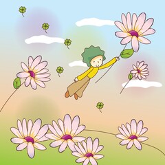 girl holding flower and flying