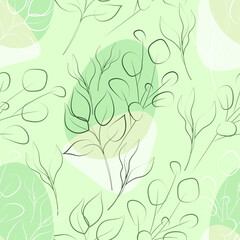 Flowers and leaves. Flower seamless pattern. Drawing lines on the background of watercolor blots. Line art, sketch, ink, freehand drawing, graphics. Vector illustration isolated on a green background.