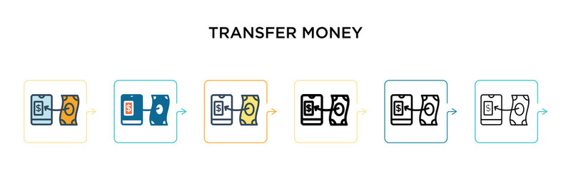 Transfer money vector icon in 6 different modern styles. Black, two colored transfer money icons designed in filled, outline, line and stroke style. Vector illustration can be used for web, mobile, ui