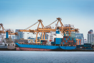 Container Shipping Maritime Port Terminal of Transportation and Logistics Loading Dock, Containers Import/Export of Sea Freight Transport Industrial. Heavy Industry of Sea Port Containers Cargo Ship