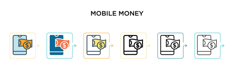 Mobile money vector icon in 6 different modern styles. Black, two colored mobile money icons designed in filled, outline, line and stroke style. Vector illustration can be used for web, mobile, ui