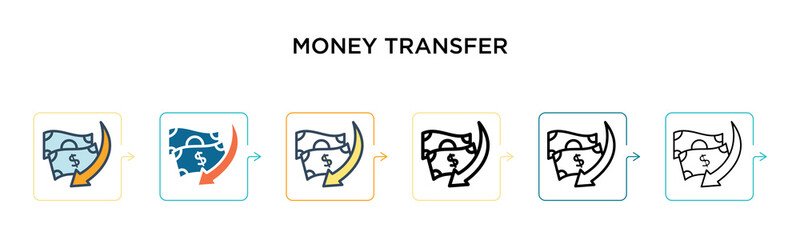 Money transfer vector icon in 6 different modern styles. Black, two colored money transfer icons designed in filled, outline, line and stroke style. Vector illustration can be used for web, mobile, ui