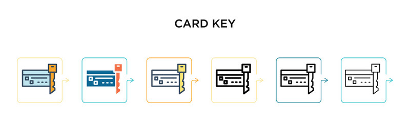 Card key vector icon in 6 different modern styles. Black, two colored card key icons designed in filled, outline, line and stroke style. Vector illustration can be used for web, mobile, ui
