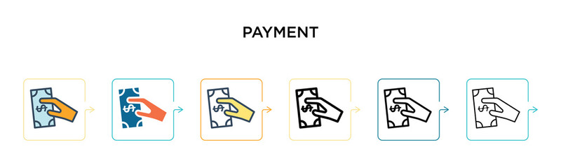 Payment vector icon in 6 different modern styles. Black, two colored payment icons designed in filled, outline, line and stroke style. Vector illustration can be used for web, mobile, ui