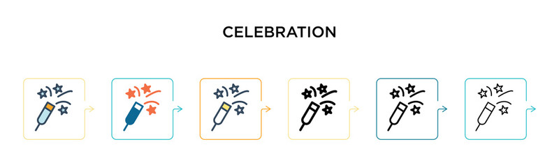 Celebration vector icon in 6 different modern styles. Black, two colored celebration icons designed in filled, outline, line and stroke style. Vector illustration can be used for web, mobile, ui