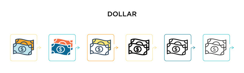 Dollar vector icon in 6 different modern styles. Black, two colored dollar icons designed in filled, outline, line and stroke style. Vector illustration can be used for web, mobile, ui