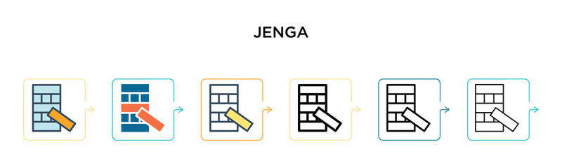 Jenga vector icon in 6 different modern styles. Black, two colored jenga icons designed in filled, outline, line and stroke style. Vector illustration can be used for web, mobile, ui