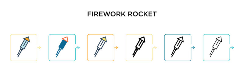 Firework rocket vector icon in 6 different modern styles. Black, two colored firework rocket icons designed in filled, outline, line and stroke style. Vector illustration can be used for web, mobile,