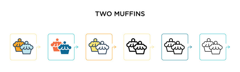 Two muffins vector icon in 6 different modern styles. Black, two colored two muffins icons designed in filled, outline, line and stroke style. Vector illustration can be used for web, mobile, ui