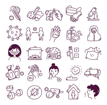 Corona virus icon set in doodle style