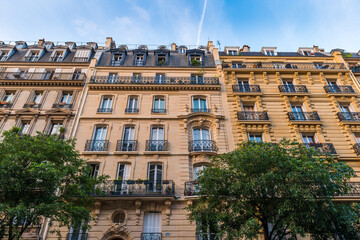 Facade of traditional Parisian apartment buildings, Paris France