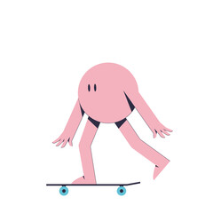 Guy on a longboard vector stock illustration isolated on a white background. Cute illustration with pink character on skateboard. Skateboarder on a walk. 