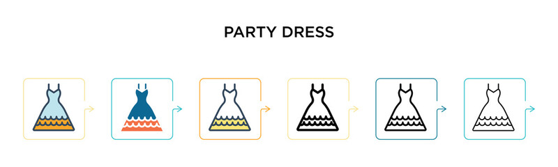 Party dress vector icon in 6 different modern styles. Black, two colored party dress icons designed in filled, outline, line and stroke style. Vector illustration can be used for web, mobile, ui