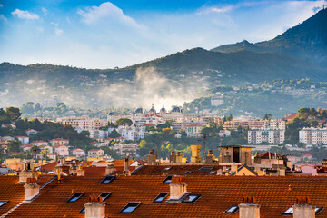 View of the Ancien Hotel Regina in Nice, France overlooking the mountains
