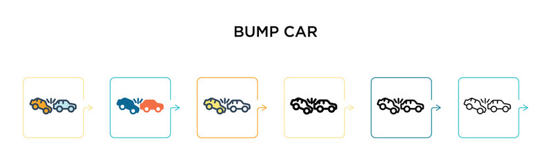 Bump car vector icon in 6 different modern styles. Black, two colored bump car icons designed in filled, outline, line and stroke style. Vector illustration can be used for web, mobile, ui