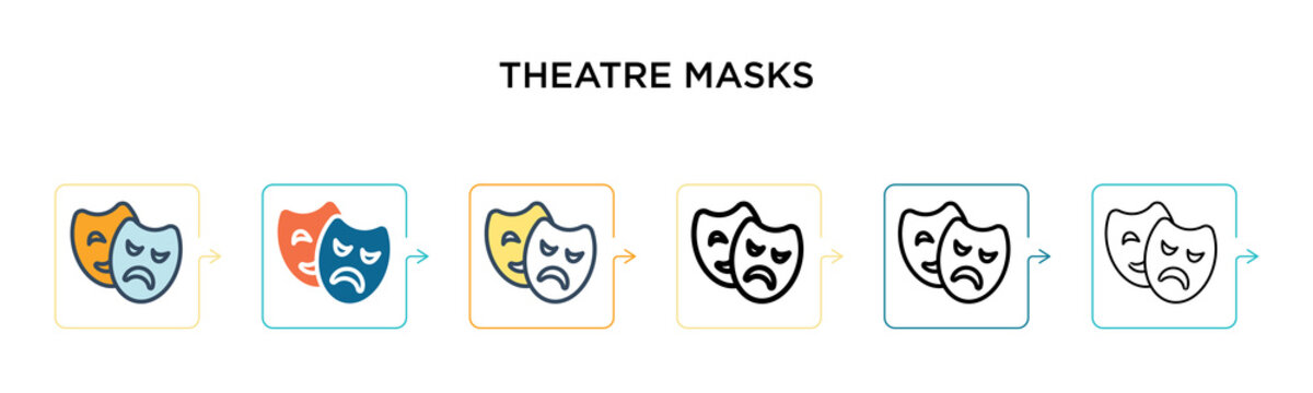 Theatre masks vector icon in 6 different modern styles. Black, two colored theatre masks icons designed in filled, outline, line and stroke style. Vector illustration can be used for web, mobile, ui
