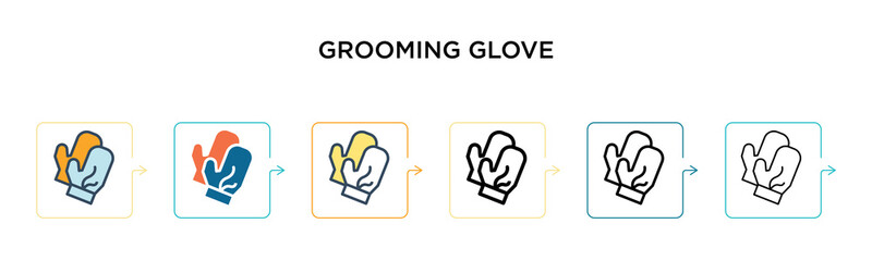 Grooming glove vector icon in 6 different modern styles. Black, two colored grooming glove icons designed in filled, outline, line and stroke style. Vector illustration can be used for web, mobile, ui