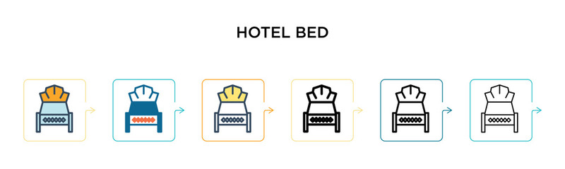 Hotel bed vector icon in 6 different modern styles. Black, two colored hotel bed icons designed in filled, outline, line and stroke style. Vector illustration can be used for web, mobile, ui