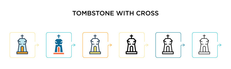 Tombstone with cross vector icon in 6 different modern styles. Black, two colored tombstone with cross icons designed in filled, outline, line and stroke style. Vector illustration can be used for