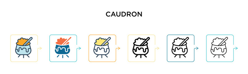 Caudron vector icon in 6 different modern styles. Black, two colored caudron icons designed in filled, outline, line and stroke style. Vector illustration can be used for web, mobile, ui