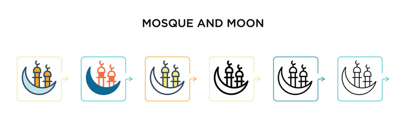 Mosque and moon vector icon in 6 different modern styles. Black, two colored mosque and moon icons designed in filled, outline, line and stroke style. Vector illustration can be used for web, mobile,