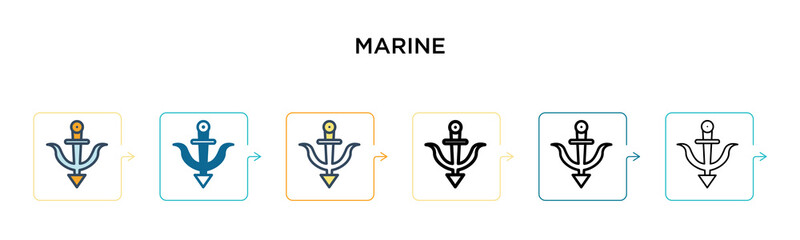 Marine vector icon in 6 different modern styles. Black, two colored marine icons designed in filled, outline, line and stroke style. Vector illustration can be used for web, mobile, ui