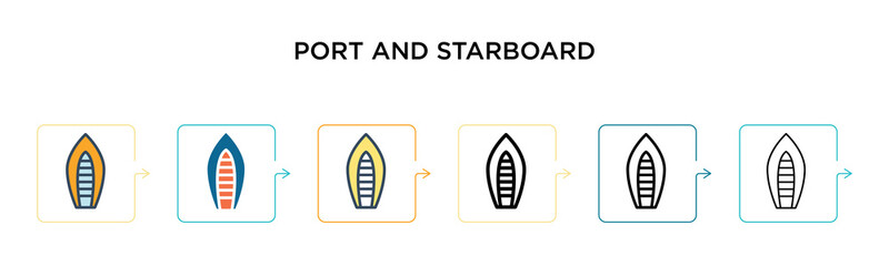 Port and starboard vector icon in 6 different modern styles. Black, two colored port and starboard icons designed in filled, outline, line and stroke style. Vector illustration can be used for web,