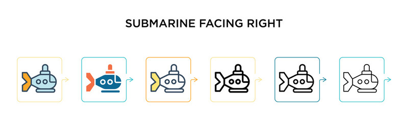 Fototapeta premium Submarine facing right vector icon in 6 different modern styles. Black, two colored submarine facing right icons designed in filled, outline, line and stroke style. Vector illustration can be used for