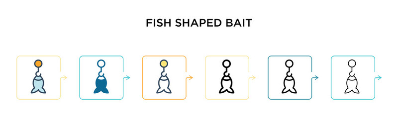 Fish shaped bait vector icon in 6 different modern styles. Black, two colored fish shaped bait icons designed in filled, outline, line and stroke style. Vector illustration can be used for web,