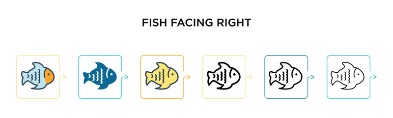 Fish facing right vector icon in 6 different modern styles. Black, two colored fish facing right icons designed in filled, outline, line and stroke style. Vector illustration can be used for web,