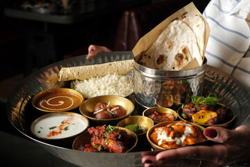 A lady holding an Indian Thali with Rice, Curry, Gravy, Bread, Pickles and Sweet Dish