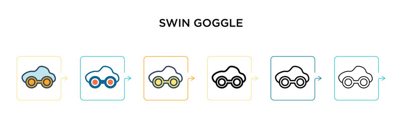 Swin goggle vector icon in 6 different modern styles. Black, two colored swin goggle icons designed in filled, outline, line and stroke style. Vector illustration can be used for web, mobile, ui