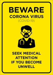 Vector Poster: Corona Virus, Seek Medical Attention if You Become Unwell