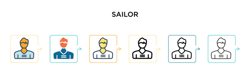 Sailor vector icon in 6 different modern styles. Black, two colored sailor icons designed in filled, outline, line and stroke style. Vector illustration can be used for web, mobile, ui