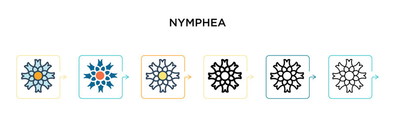 Nymphea vector icon in 6 different modern styles. Black, two colored nymphea icons designed in filled, outline, line and stroke style. Vector illustration can be used for web, mobile, ui