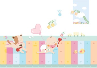 baby and dog holding a rattle