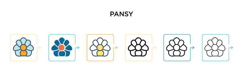 Pansy vector icon in 6 different modern styles. Black, two colored pansy icons designed in filled, outline, line and stroke style. Vector illustration can be used for web, mobile, ui