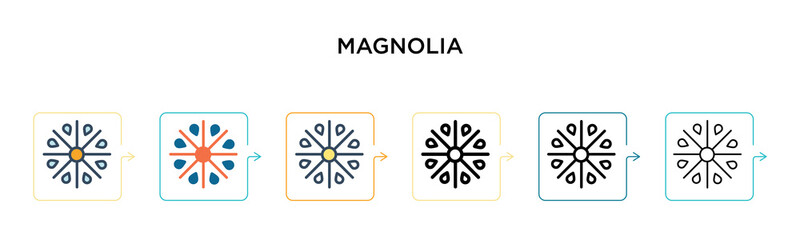Magnolia vector icon in 6 different modern styles. Black, two colored magnolia icons designed in filled, outline, line and stroke style. Vector illustration can be used for web, mobile, ui