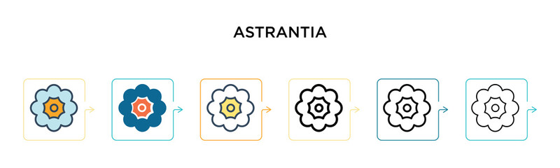 Astrantia vector icon in 6 different modern styles. Black, two colored astrantia icons designed in filled, outline, line and stroke style. Vector illustration can be used for web, mobile, ui